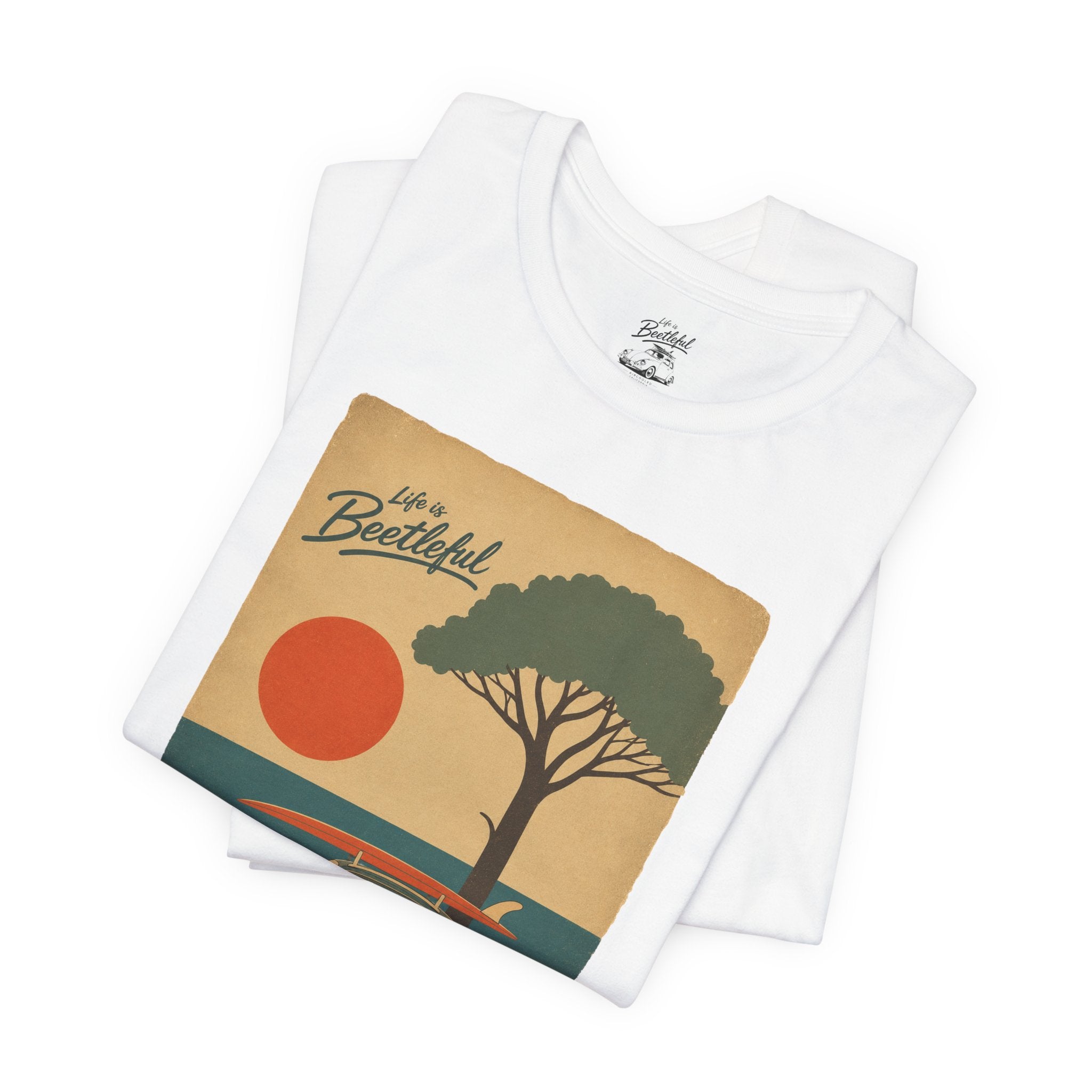 Vintage Beach Sunset Tee – 'Beachtiful' Retro Surf Wagon Shirt