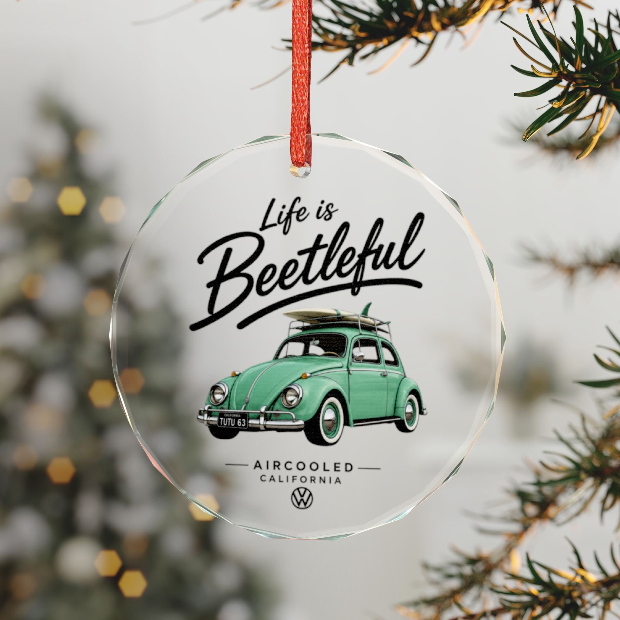 Glass Ornament - "Life is Beetleful" Vintage VW Beetle Holiday Decoration