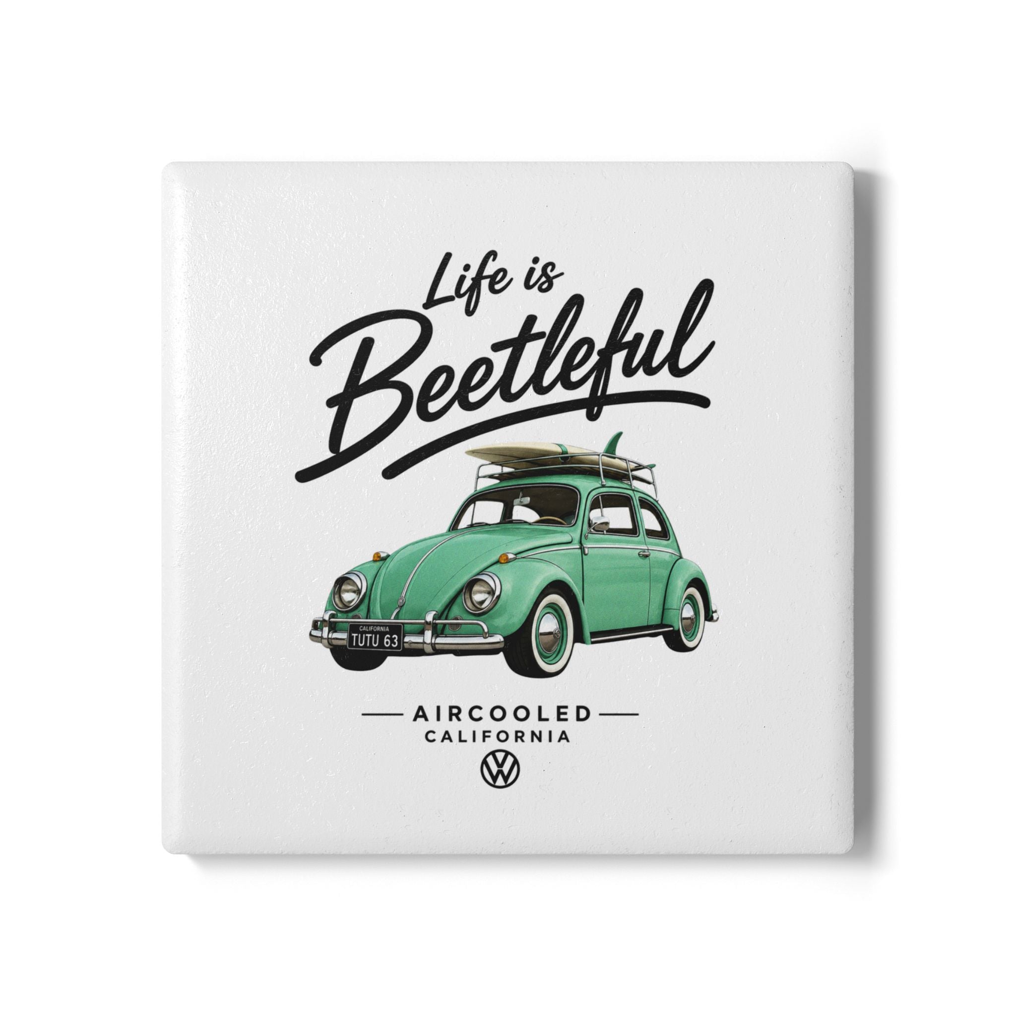 Life is Beetleful Ceramic Coaster – Vintage VW Beetle Surf Design