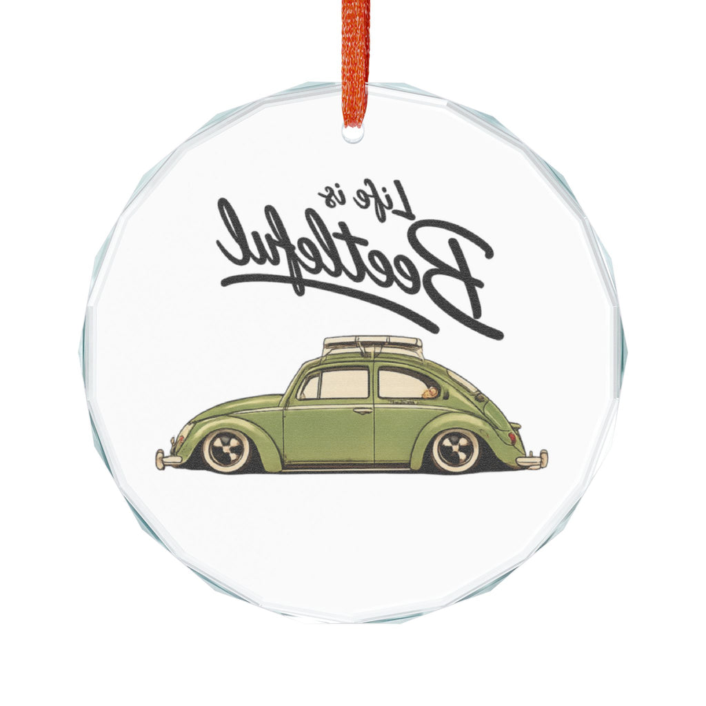 Glass Ornament — “Life is Beetleful” Vintage VW Beetle Holiday Ornament