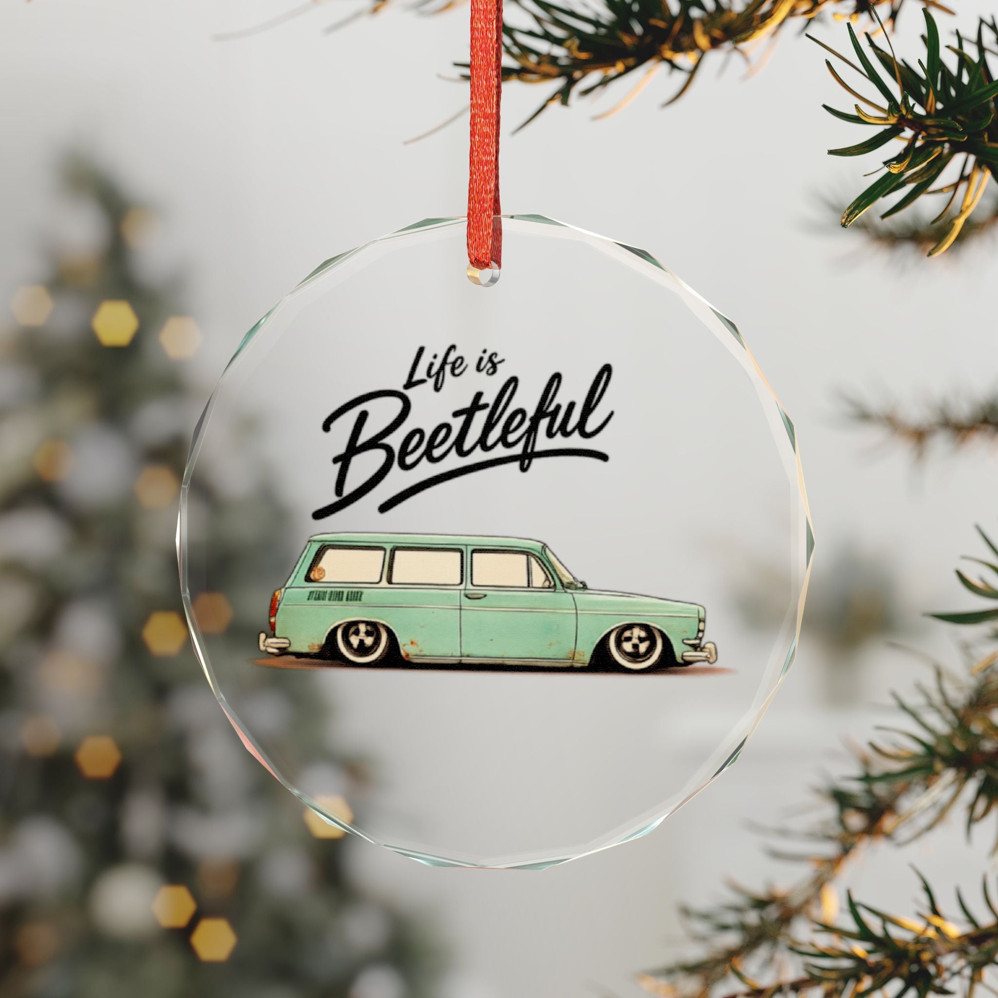 Glass Ornament — "Life is Beetleful" VW Station Wagon Holiday Ornament