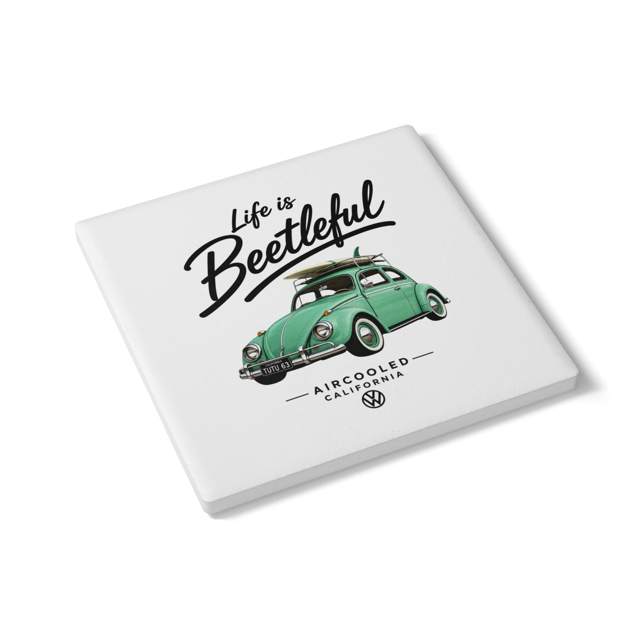 Life is Beetleful Ceramic Coaster – Vintage VW Beetle Surf Design