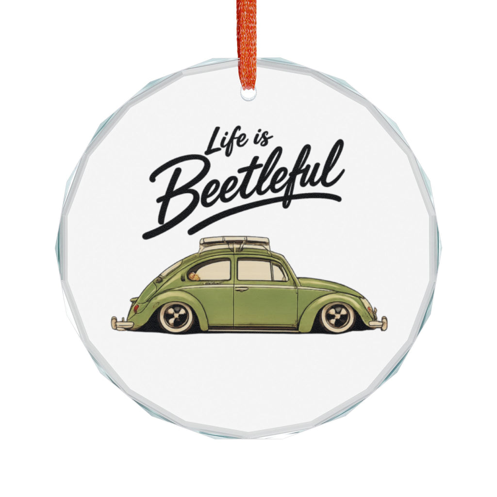 Glass Ornament — “Life is Beetleful” Vintage VW Beetle Holiday Ornament