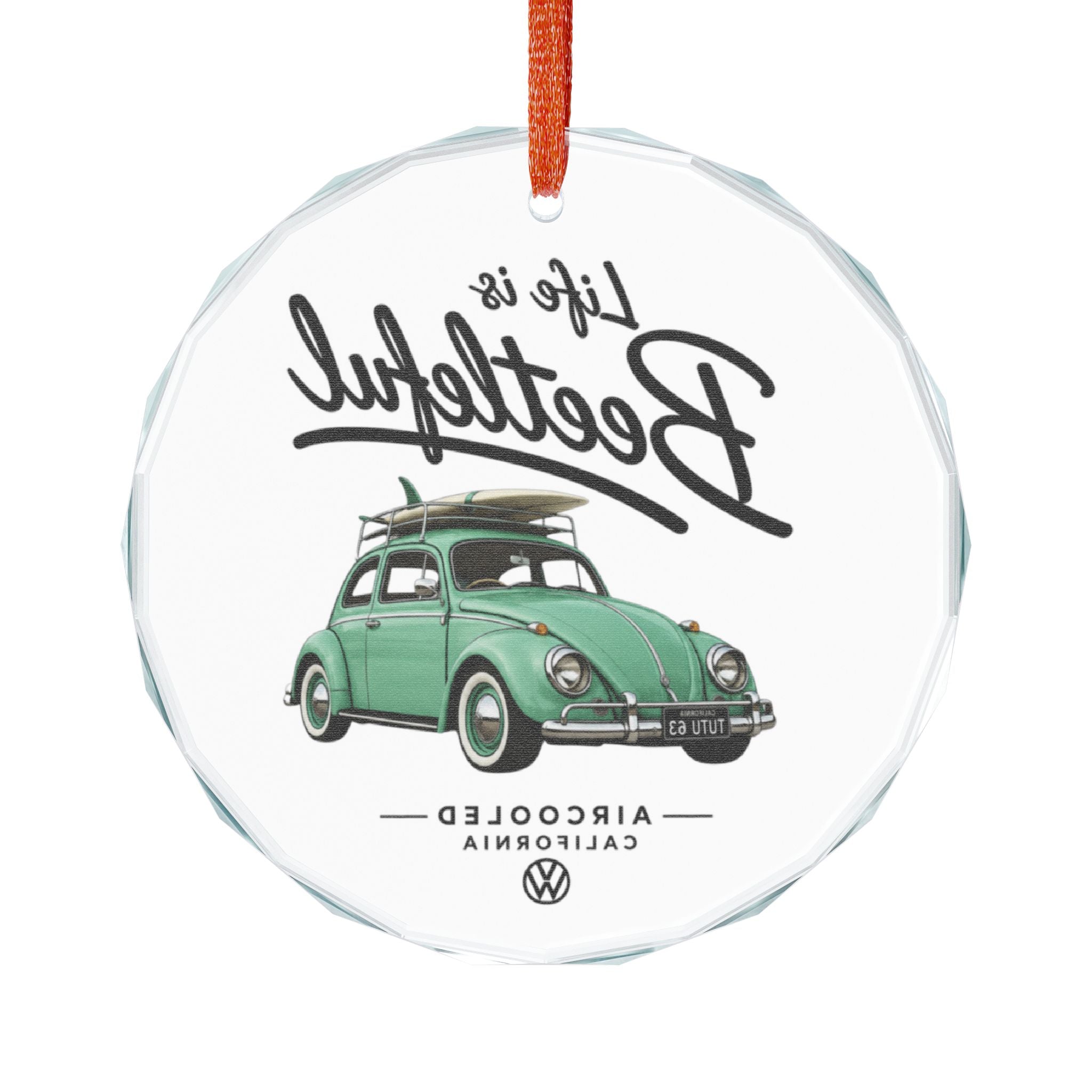 Glass Ornament - "Life is Beetleful" Vintage VW Beetle Holiday Decoration
