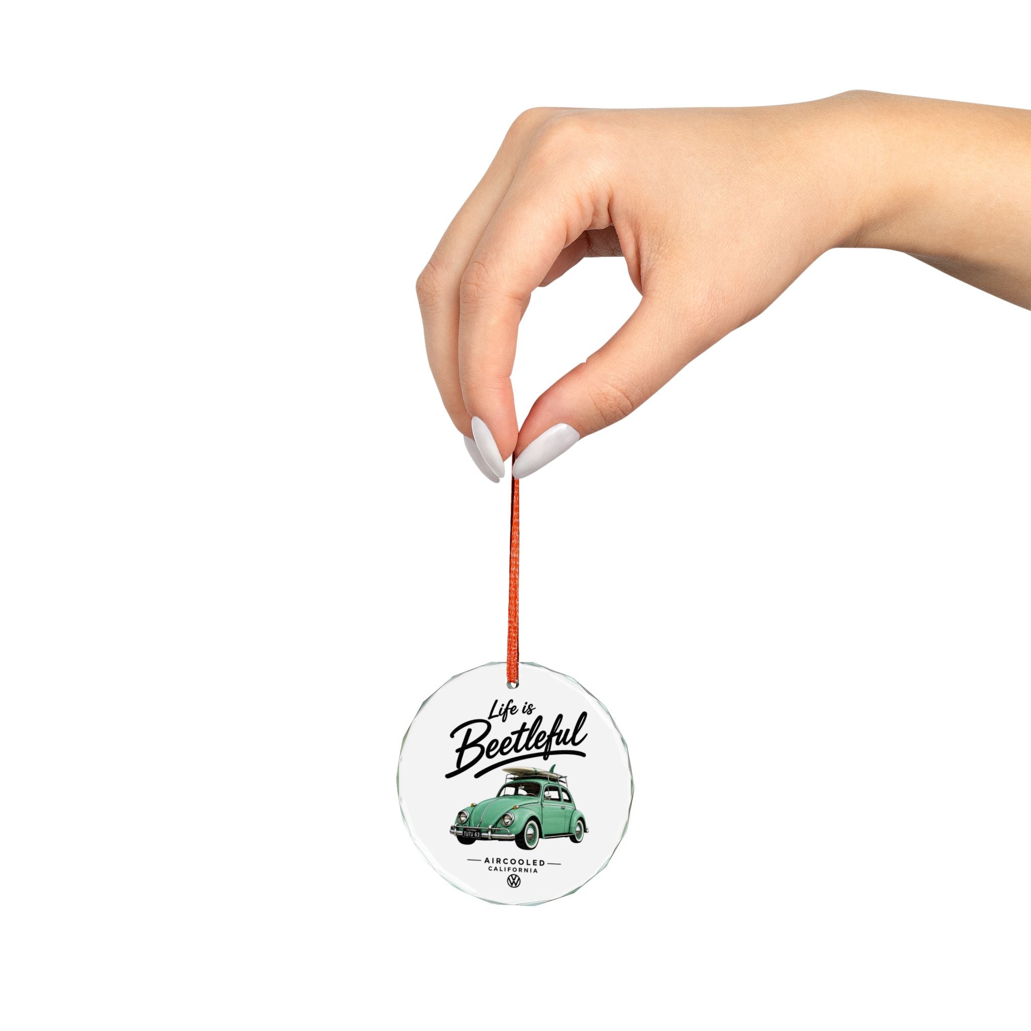 Glass Ornament - "Life is Beetleful" Vintage VW Beetle Holiday Decoration