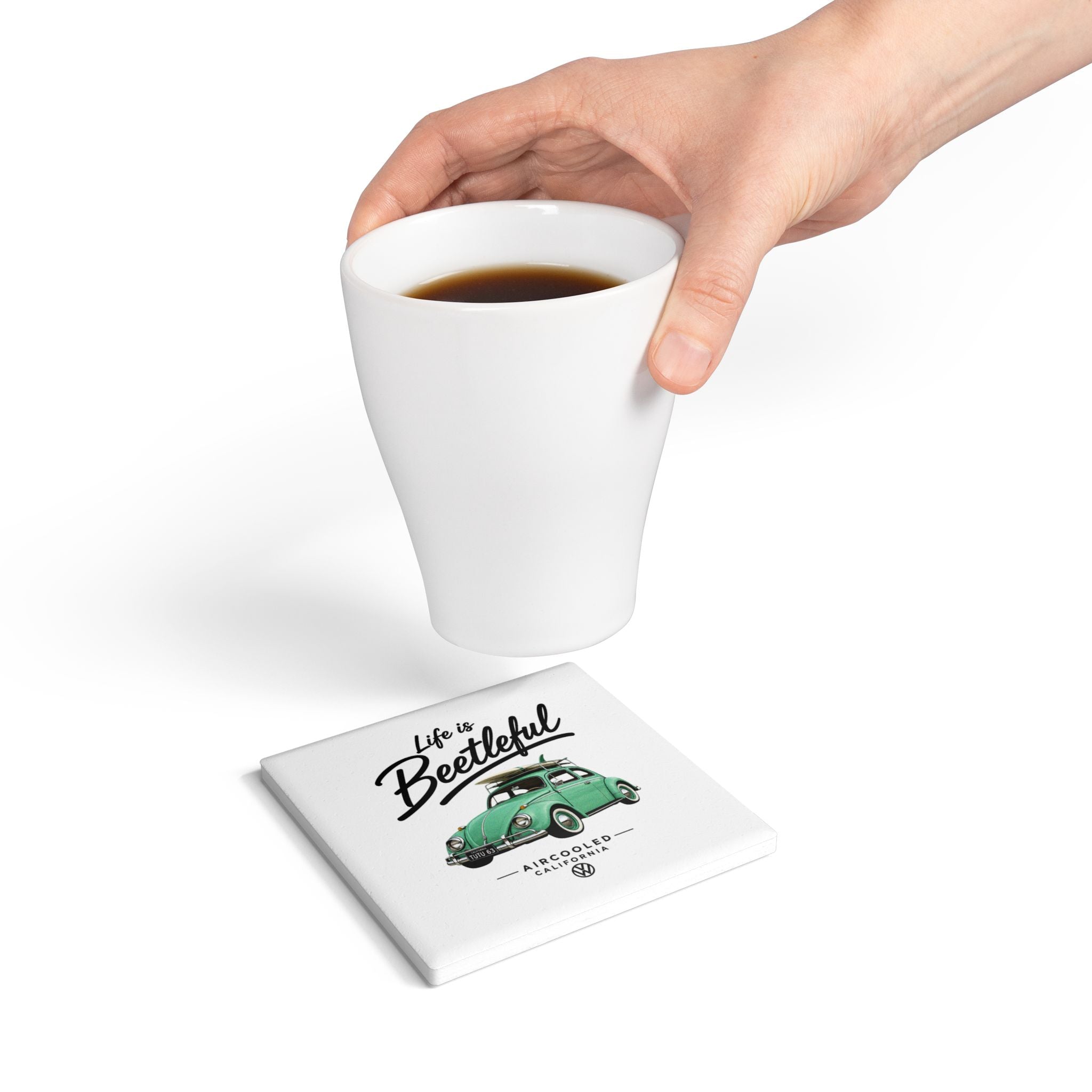 Life is Beetleful Ceramic Coaster – Vintage VW Beetle Surf Design