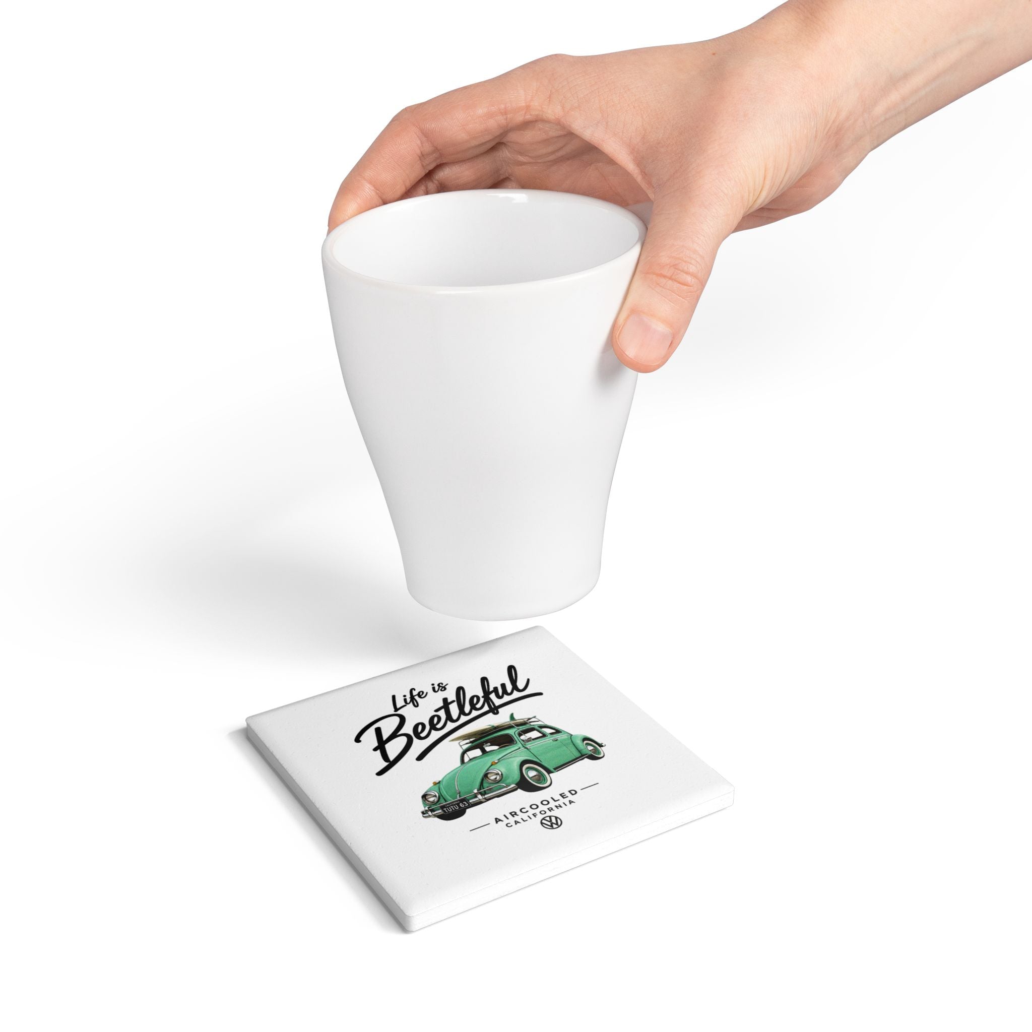 Life is Beetleful Ceramic Coaster – Vintage VW Beetle Surf Design