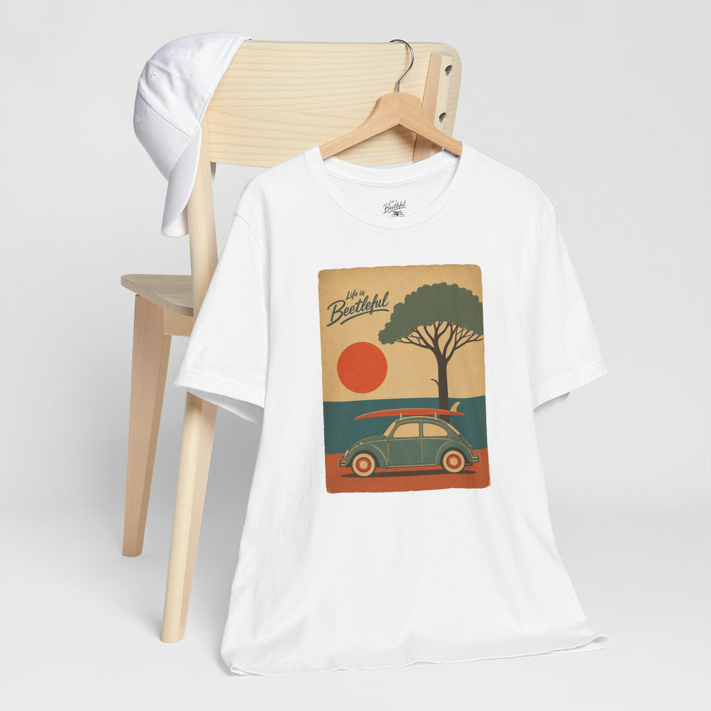 Vintage Beach Sunset Tee – 'Beachtiful' Retro Surf Wagon Shirt