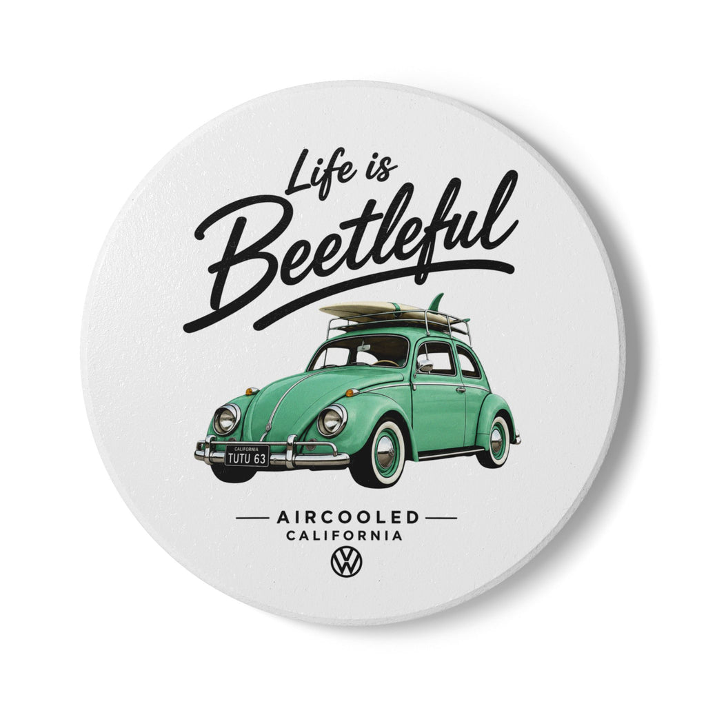 Life is Beetleful Ceramic Coaster – Vintage VW Beetle Surf Design