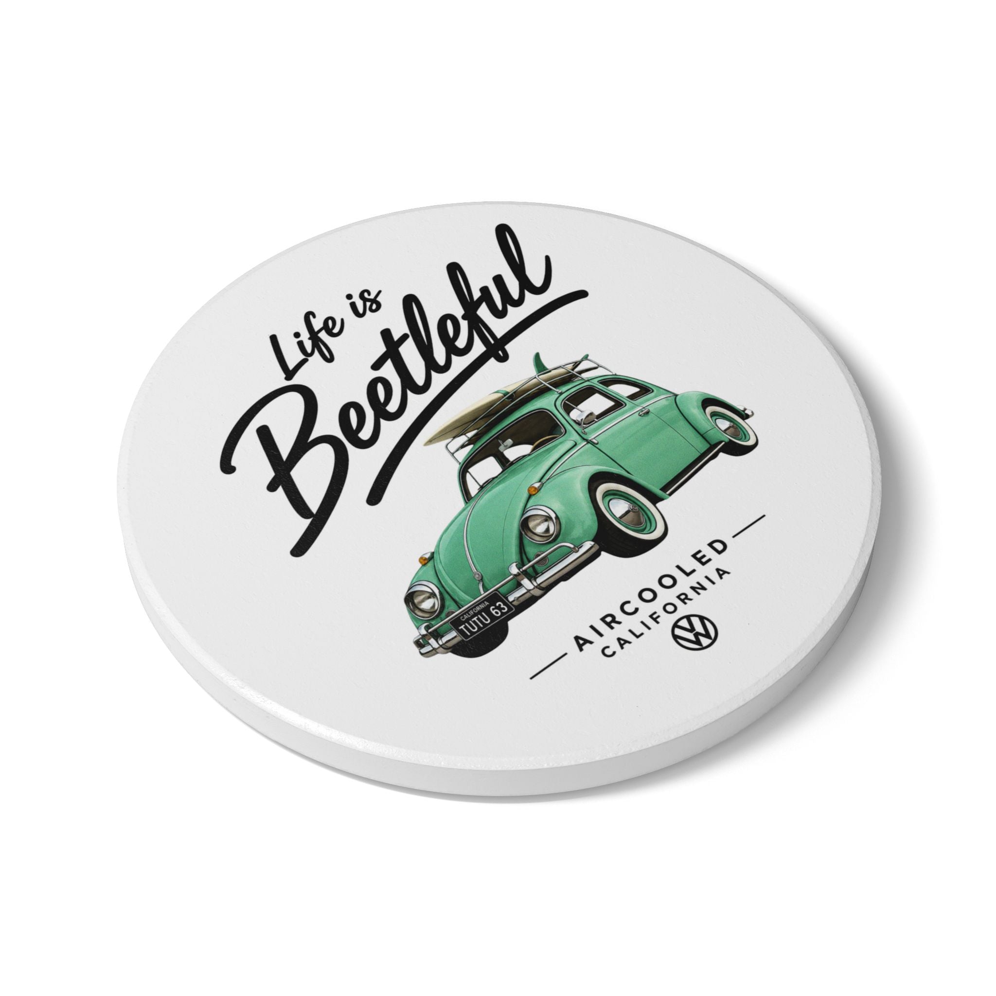 Life is Beetleful Ceramic Coaster – Vintage VW Beetle Surf Design