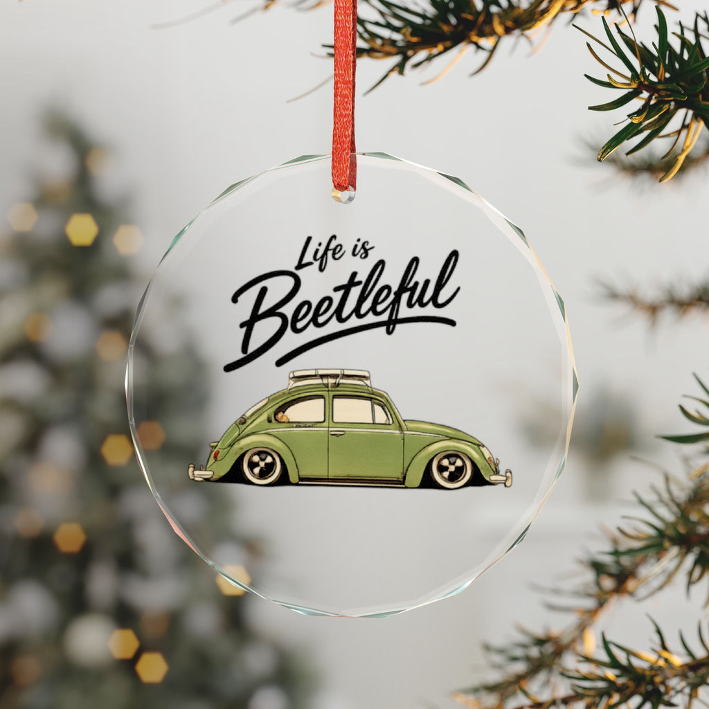Glass Ornament — “Life is Beetleful” Vintage VW Beetle Holiday Ornament