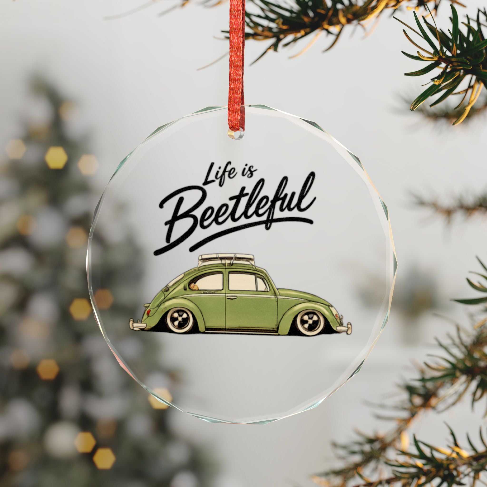 Glass Ornament — “Life is Beetleful” Vintage VW Beetle Holiday Ornament