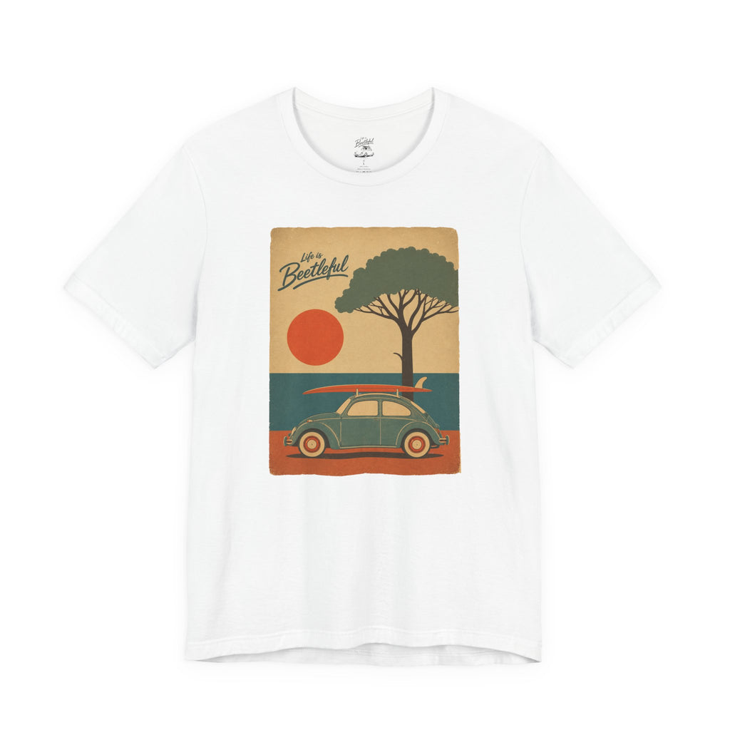 Vintage Beach Sunset Tee – 'Beachtiful' Retro Surf Wagon Shirt