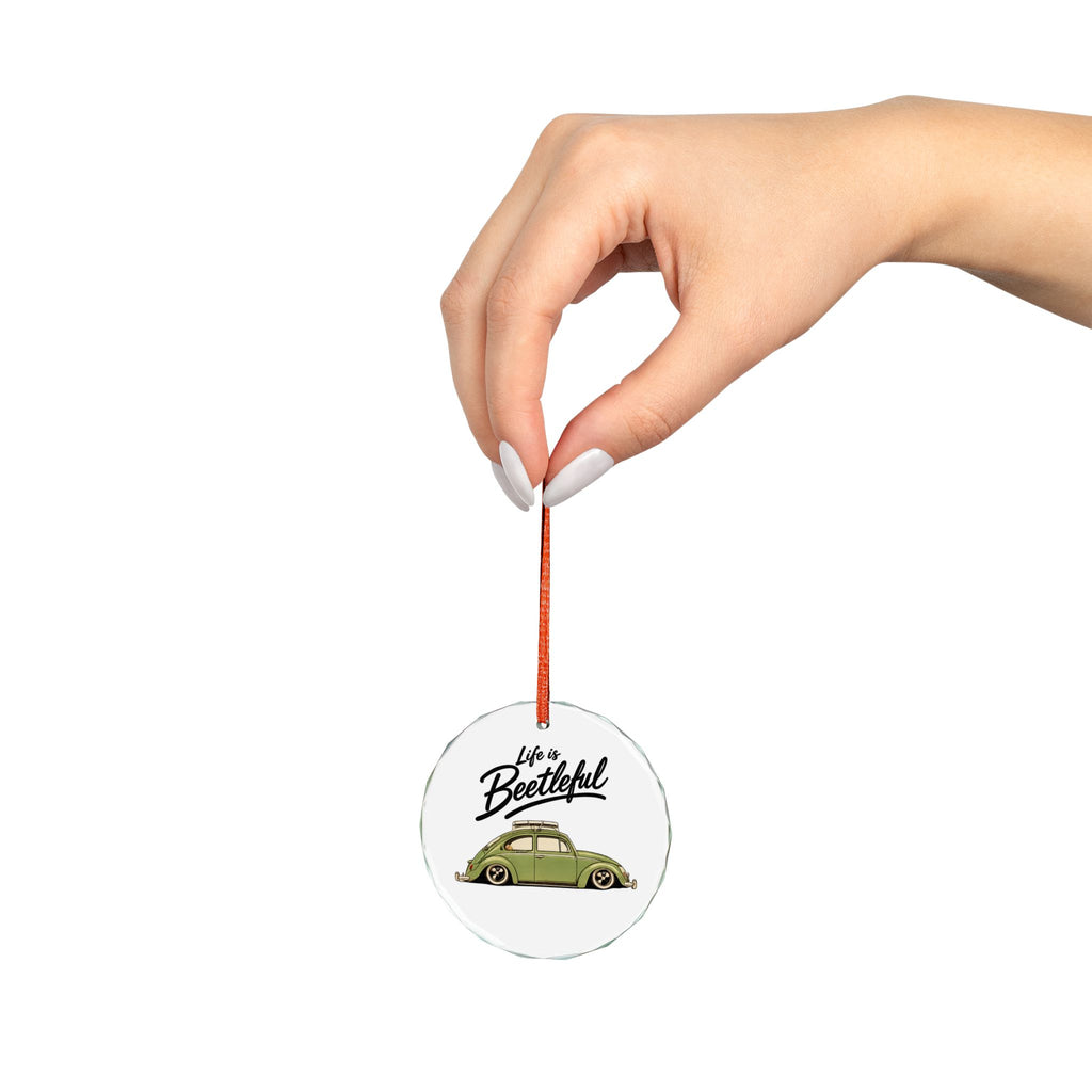 Glass Ornament — “Life is Beetleful” Vintage VW Beetle Holiday Ornament